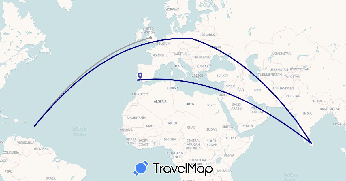 TravelMap itinerary: driving, plane in Spain, France, United Kingdom, India, Sri Lanka, Poland, Portugal (Asia, Europe)